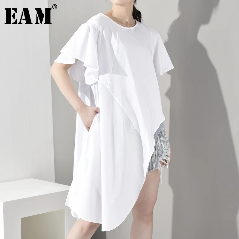 

[EAM] 2019 New Spring Summer Round Neck Short Sleeve White Ruffles Split Joint Irregular Loose T-shirt Women Fashion Tide JU1730