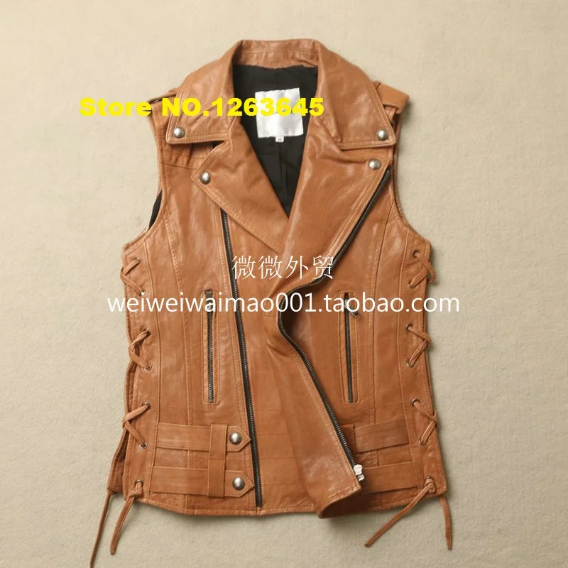 Online Buy Wholesale Womens Brown Leather Vest From China Womens brown genuine leather vest women natural sheepskin turn down collar vest epaulet casual leather jacket spring - Online Buy Wholesale Womens Brown Leather Vest From China Womens