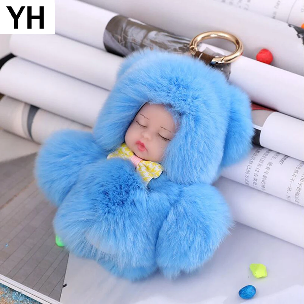 

Fasnion 13cm Cute Sleeping Baby Doll Key Chain Real Rex Rabbit Fur Keychain Fluffy Pom Pom Keyring Bag Car Trinket Women Gift