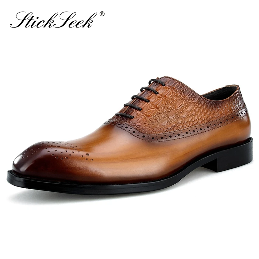 

Luxury Design Genuine Leather Formal Dress Man Wedding Party Shoes Square Toe Handmade Men's Medallion Alligator Oxfords SK170