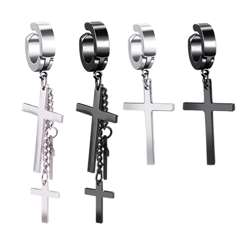

i-Remiel Stainless Steel Men No Ear Hole Tassel Drop Earring Cross Personality Dangle Earrings Hiphop Rock Ear Clip Accessories
