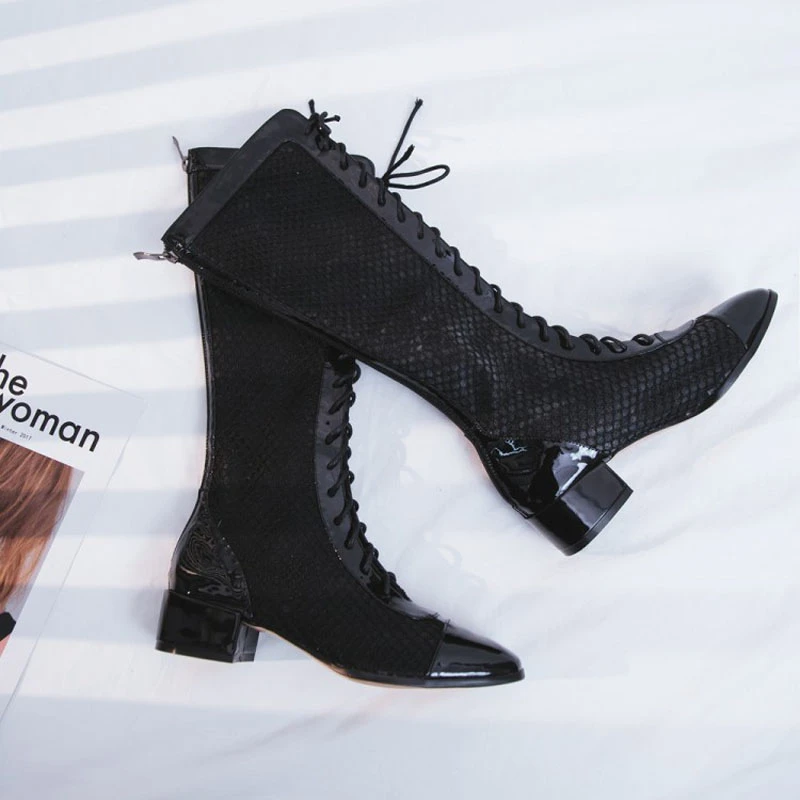 Air-mesh-ankle-boots-for-women-middle-heels-black-sandals-runway-stlye-cross-tied-long-boots (4)