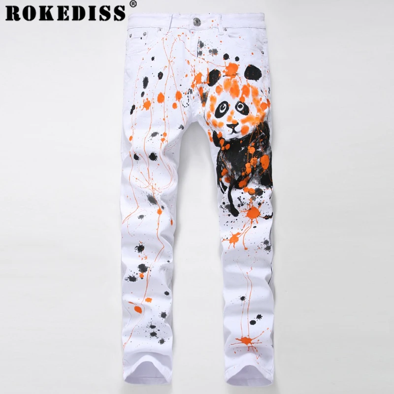 

mens overalls fashion 2017 Spring and Autumn New Hand Painted panda pattern jeans white Handmade Elasticity trousers C200