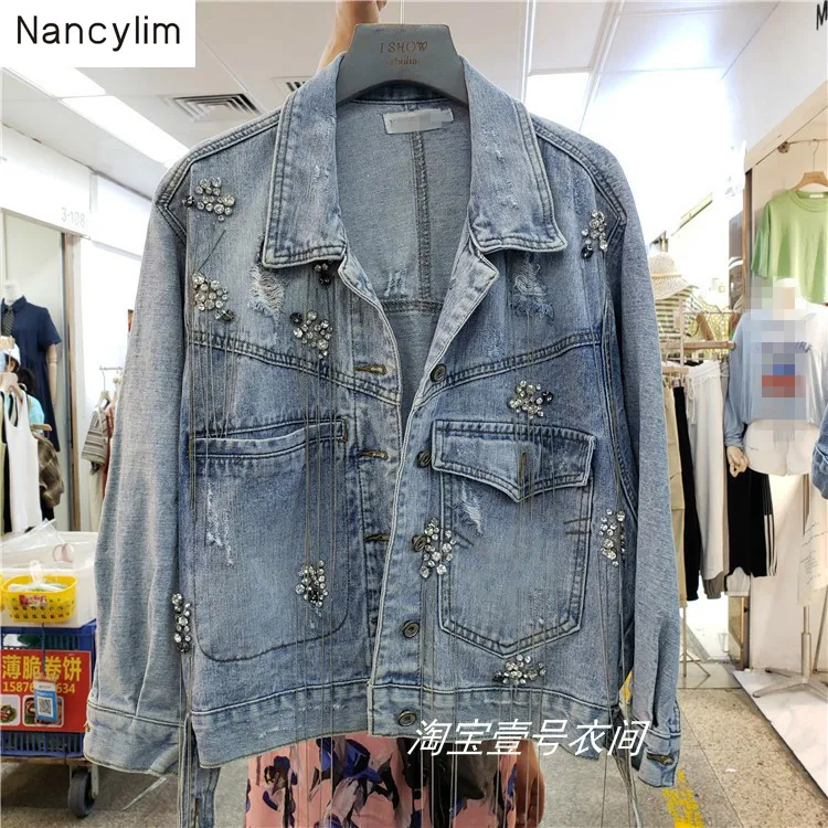 

Spring and Autumn New Women's Outwear Blue Denim Jacket Female Studded Rhinestone Tassel Denim Jackets Casual Short Coat Tide