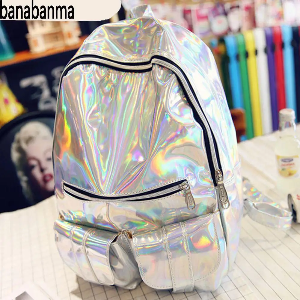

Banabanma Fashion Backpack Leisure PU Laser Backpack Large Capacity Brilliant Double Shoulder Bag for Women and Man 2018 ZK40