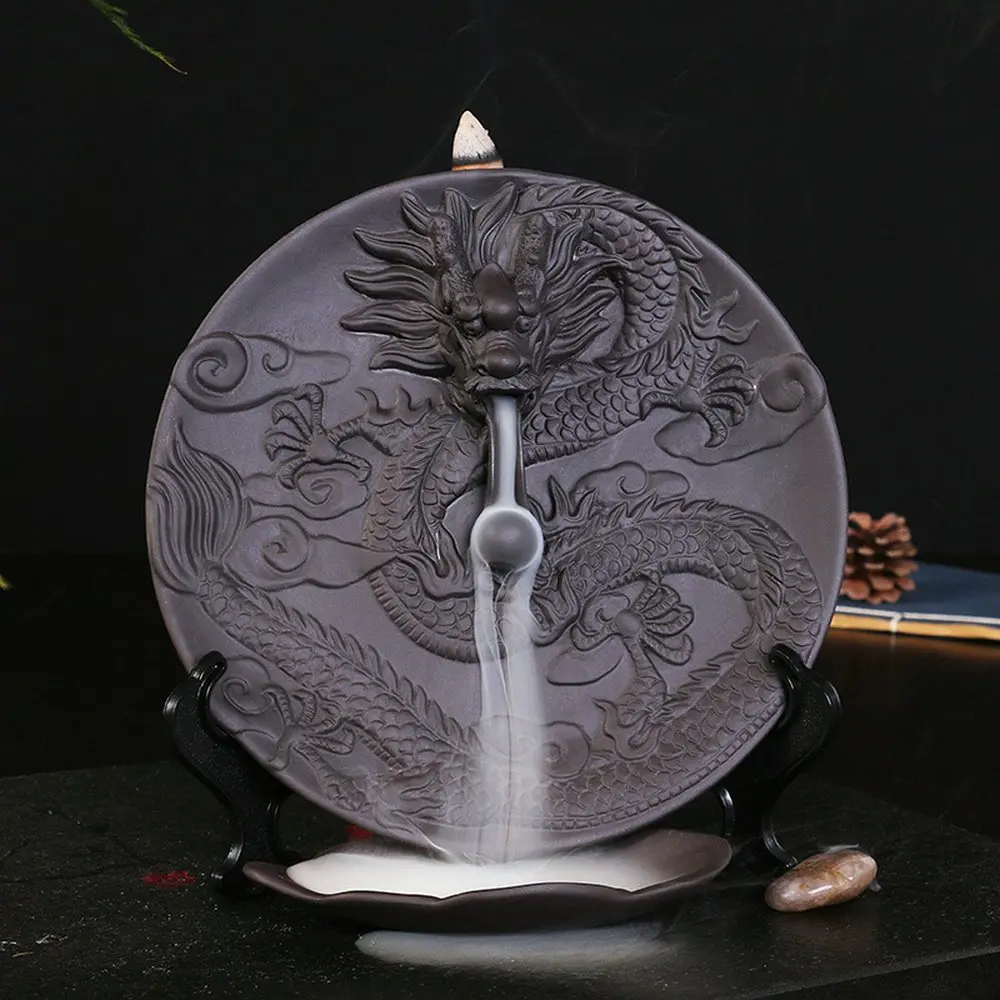 

Dragon Dish Backflow Incense Burner Ceramic Incense Holder Backflow Censer Smoke Flow Waterfall + 10PCS Incense Cones