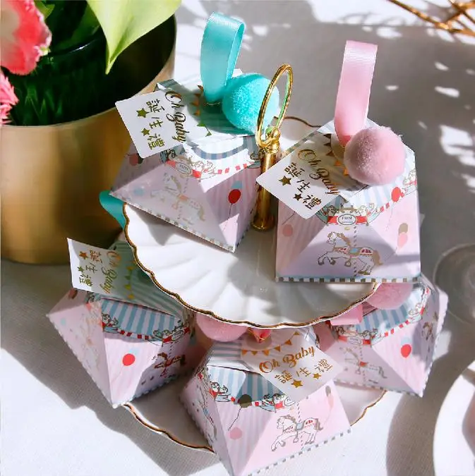 Розовый/Буле diamond Форма Baby Shower конек коробка конфет упаковки шоколада Сумки Бумага подарок Коробки вечерние поставки на крестины