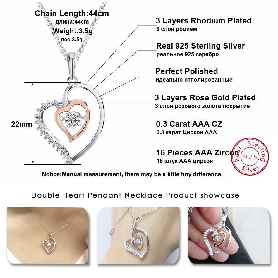 ORSA JEWELS Genuine 925 Silver Double Heart Pendant Necklace with 0.3 ct Crystal Rhodium mixed Rose Gold Color Necklaces SN15 - Image 3