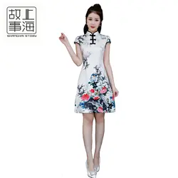 Шанхай история 2018 китайский Qipao народная Стиль платье цветок печати Cheongsam китайский Восточный платье Короткое платье Qipao