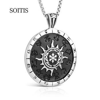 

SOITIS Twelve Constellations Sun Compass Pendants Necklace Jewelry Stainless Steel Women Men Jewelry Round Pendants