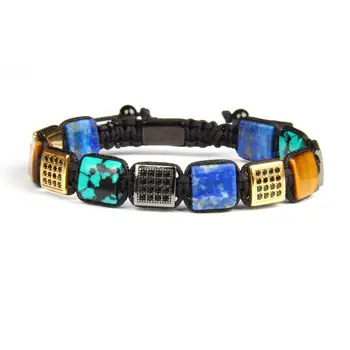 

Ailatu Luxury Men Square Flat Bead Braiding Bracelet Wholesale 10x10mm Natural Stone Beads Top Quality