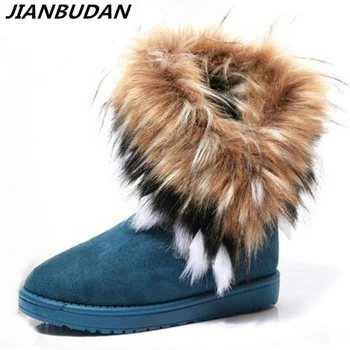 

JIANBUDAN high boots Artificial fur boots women warm Imitation fox fur flat snow boots Winter warm Plush Cotton boots