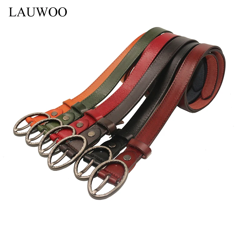 LAUWOO Women hollow leather belt Round buckle jeans belts Trousers belt