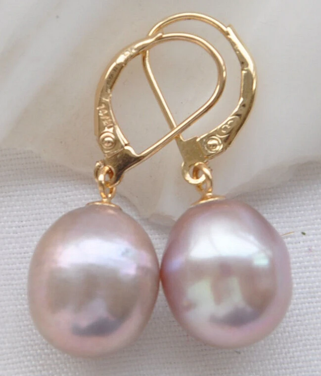 

hj 00295 Lustre AA++ 12x14mm lavender DRIP FRESHWATER PEARL DANGLE EARRING 14K