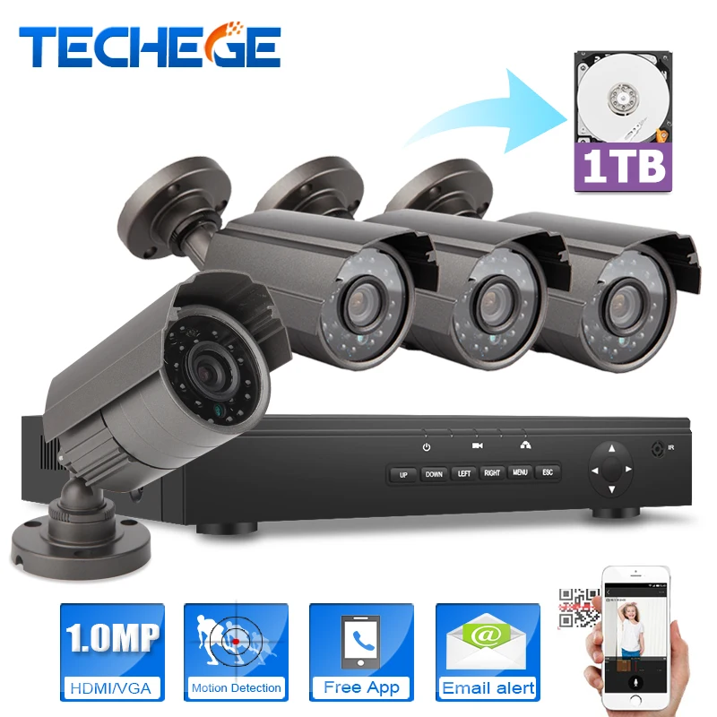 

Techege 4CH 720P DVR 1080P HDMI 4PCS 1.0MP AHD camera IR Weatherproof Outdoor 720P CCTV Camera Security System Surveillance Kit