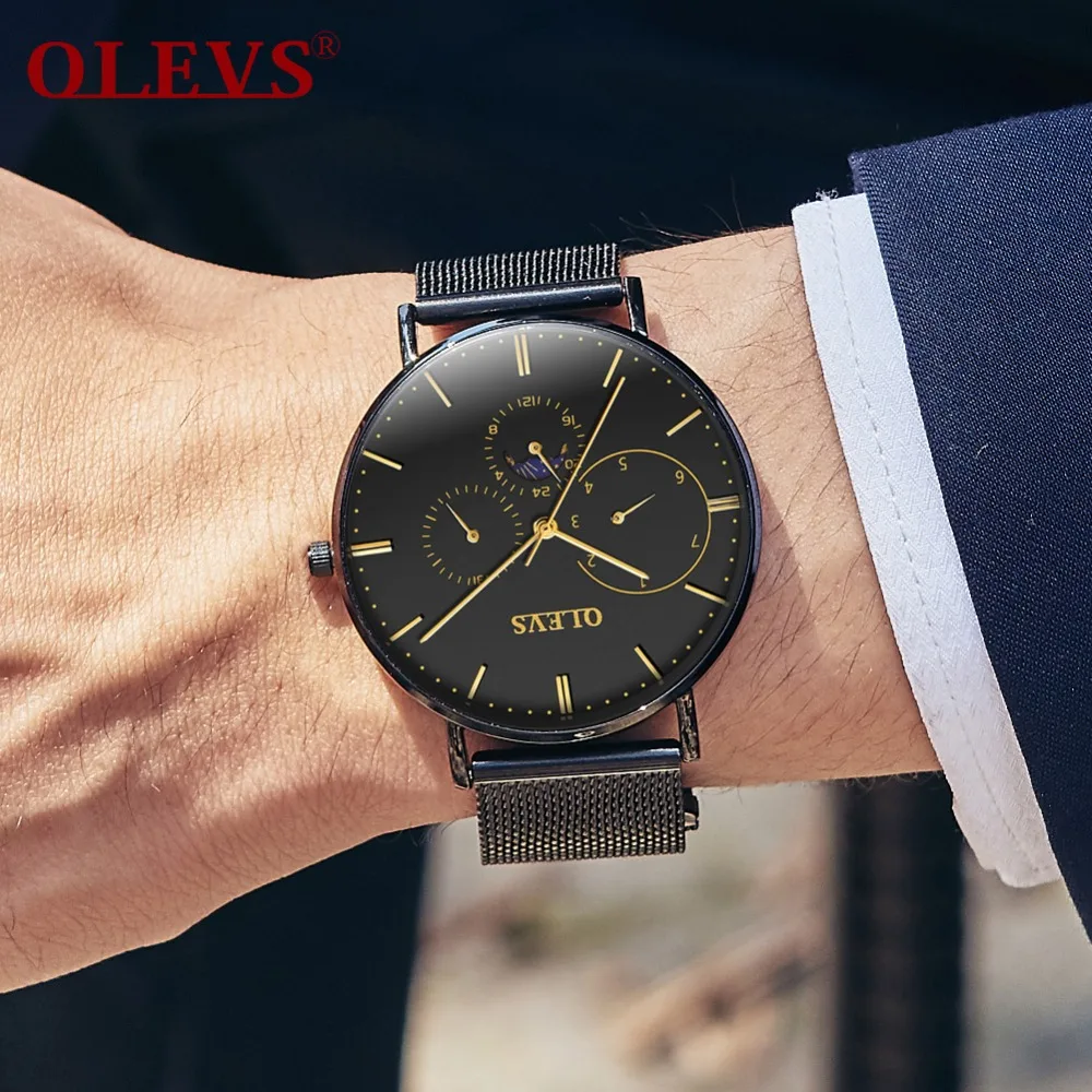 

OLEVS Business Men Black Watches Mesh Steel Strap Dress Quartz Men's Wrist Watch Waterproof Sub Dial Male Clock Gold Wristwatch