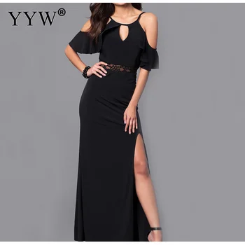 

Sexy Backless Long Evening Dresses Women Off The Shoulder Side Slit Black Formal Gowns Fashion 2019 Hollow Out Elegant Vestidos