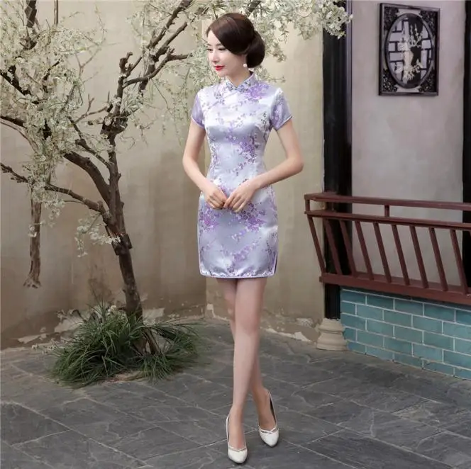 Summer Sexy Black Chinese Women Mini Dress Traditional Silk Satin Qipao Cheongsam Flower Size S,M,L,XL,XX 4XL 5XL 6XL NC027