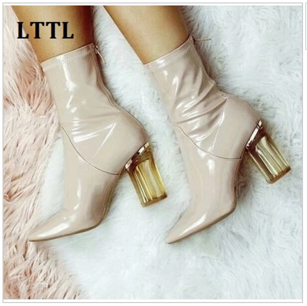 Lttl vrouwen transparante hak enkellaars lakleer dikke hak korte laarsjes  designer hol hakken perspex hakken vrouw|short bootie|designer bootiesthick  heel - AliExpress