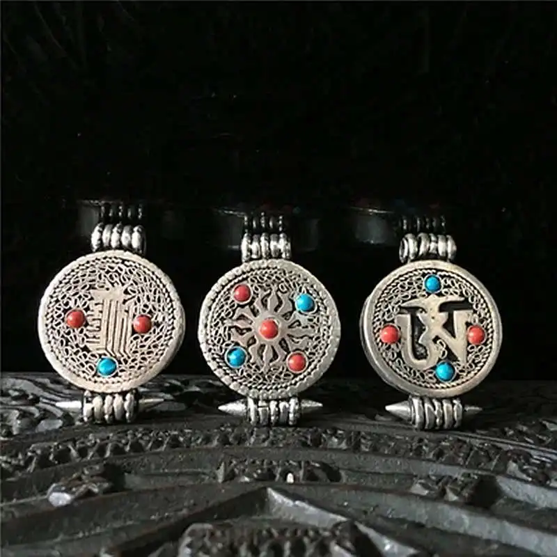 

TGB008 Tibetan Silver Small Prayer Box Amulet Pendant Cross Dorje OM KALACHAKRA Ghau