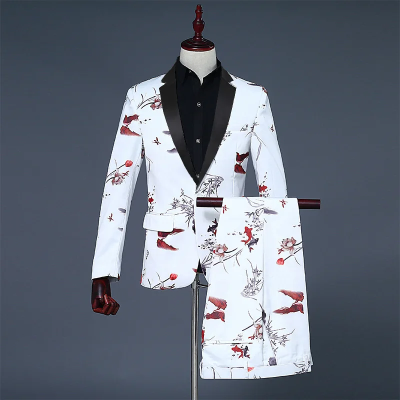 

White Floral Print Suit Men Groom Wedding Tuxedo Suit Brand Slim Fit Mens Suits with Pants Party Stage Singer Costume Homme XXL