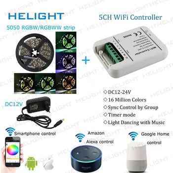 

WIFI RGBW/WW strip Music controller 5CH Syc control By Amazon Alexa Google Home Phone+5050 RGBW/RGBWW Strip+Power full set