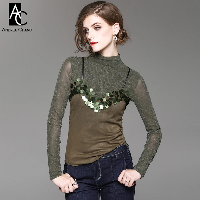 

spring autumn woman blouse shirt sequined beading chest dark army green blouse transparent sleeve fashion vintage party blouse