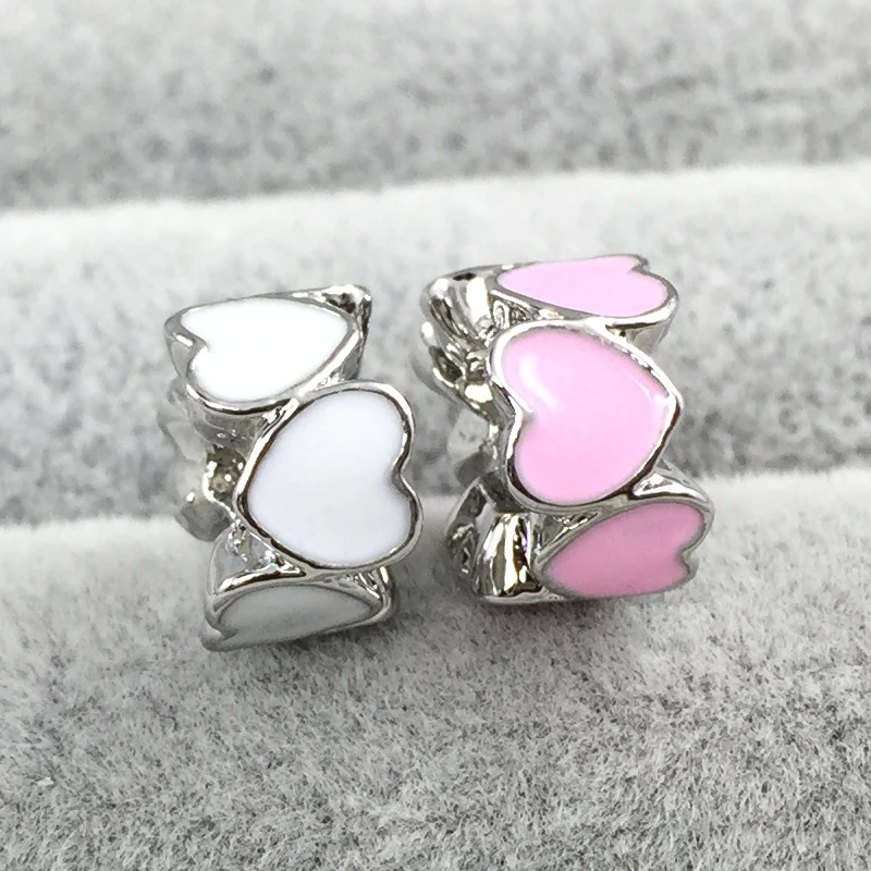 Браслет и браслеты Pandora с сердечком розовый белый E Charm Beads подходят к