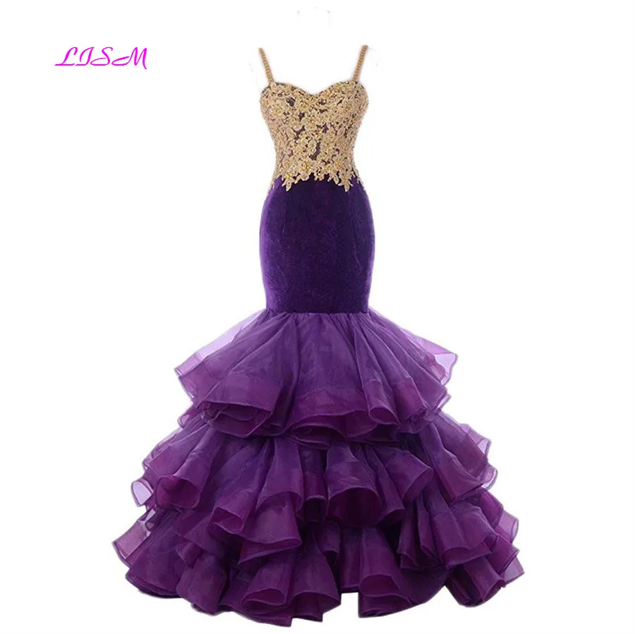 

LISM Gold Appliqued Mermaid Prom Dress Sweetheart Straps Tulle Party Gowns Long Ruffled Zipper Back Velvet Evening Dresses 2019