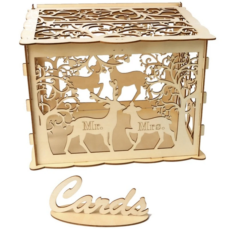 Hollow Design Diy Wedding Card Box With Lock And Card Sign Gift
