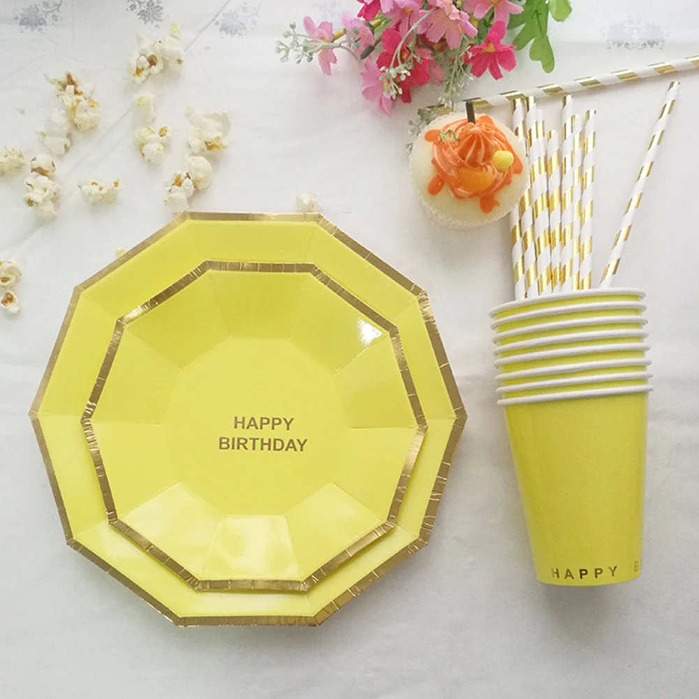 49Pcs/Set Solid Color Disposable Tableware Sets Party Paper Plates Cups Paper Drinking Straws Birthday Christmas Party Supplies