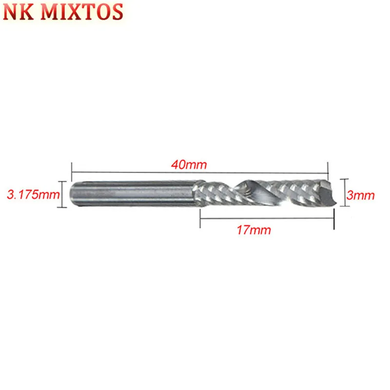 

NK MIXTOS 1PC 3.175*3*17mm Single Flute CNC Router Bits One Flute Spiral End Mills Carbide Milling Cutter Spiral PVC Cutter