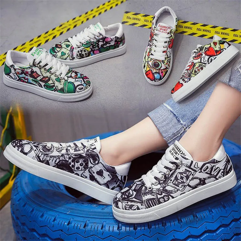 

Fashion Casual Shoes Women Graffiti Canvas Shoes Female Flat Shoe Lace-up Comfortable Print Sneakers Women Vulcanize Shoes BX34