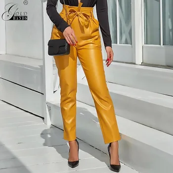 

Gold Hands New Women Fashion Drawstring Pencil Pants Ladies Pockets Streetwear Women Trousers High Waist PU Leather Casual Pants