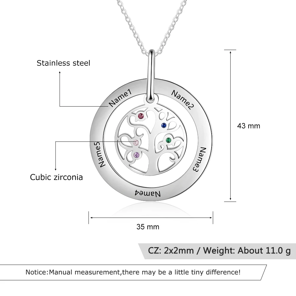 Индивидуальное ожерелье в форме дерева с гравировкой 5 именами инкрустация камни по месяцу рождения из нержавеющей стали модные ювелирные изделия подарок для женщин(NE103243