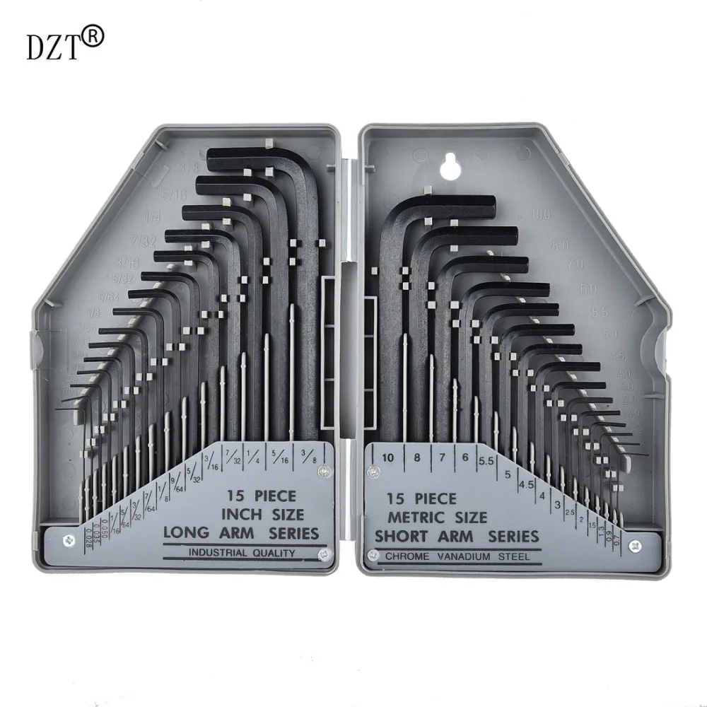 

DZT Allen Wrench & Hex Key 30pc Set METRIC & SAE Standard Short Long Arm CrV Steel