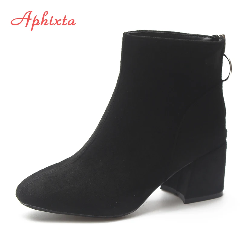 Ceny Aphixta buty na zamek buty damskie kwadratowe obcasy botki Botines Mujer 2018 damskie buty Zapatos krótkie pluszowe modne damskie buty