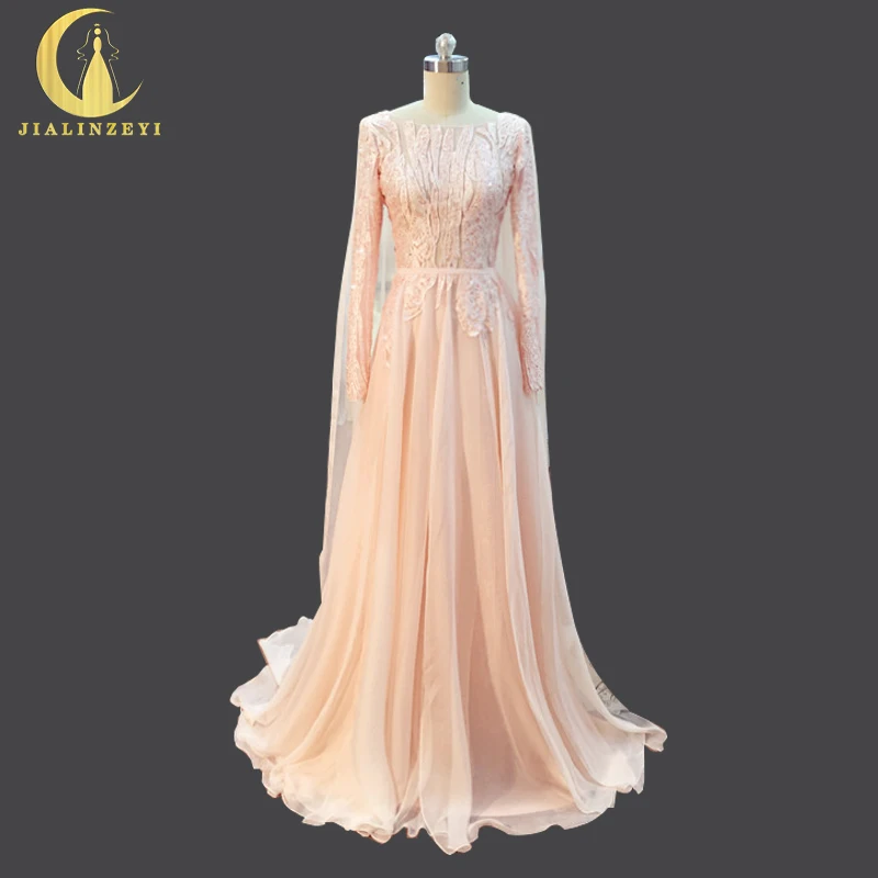 

JIALINZEYI Real Sample Long Sleeves Pink lace Open Back Evening Party Gowns Custom Made robe De soiree abendkleider Dresses