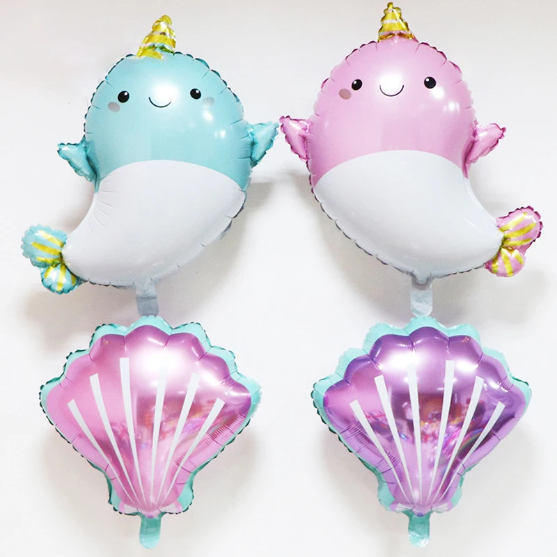 

Cartoon Narwhal Whale Shell Foil Balloons For Mermaid Birthday Party Decoration Baby Shower Party Decor Shell Air Balloon