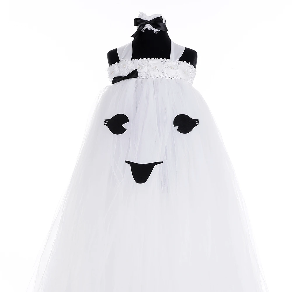 

Cute White Polyester Mesh and Black Pattern Dress Girls Halloween Clothing for Teenage Dresses Ghost Festival Cosplay Tutu Dress