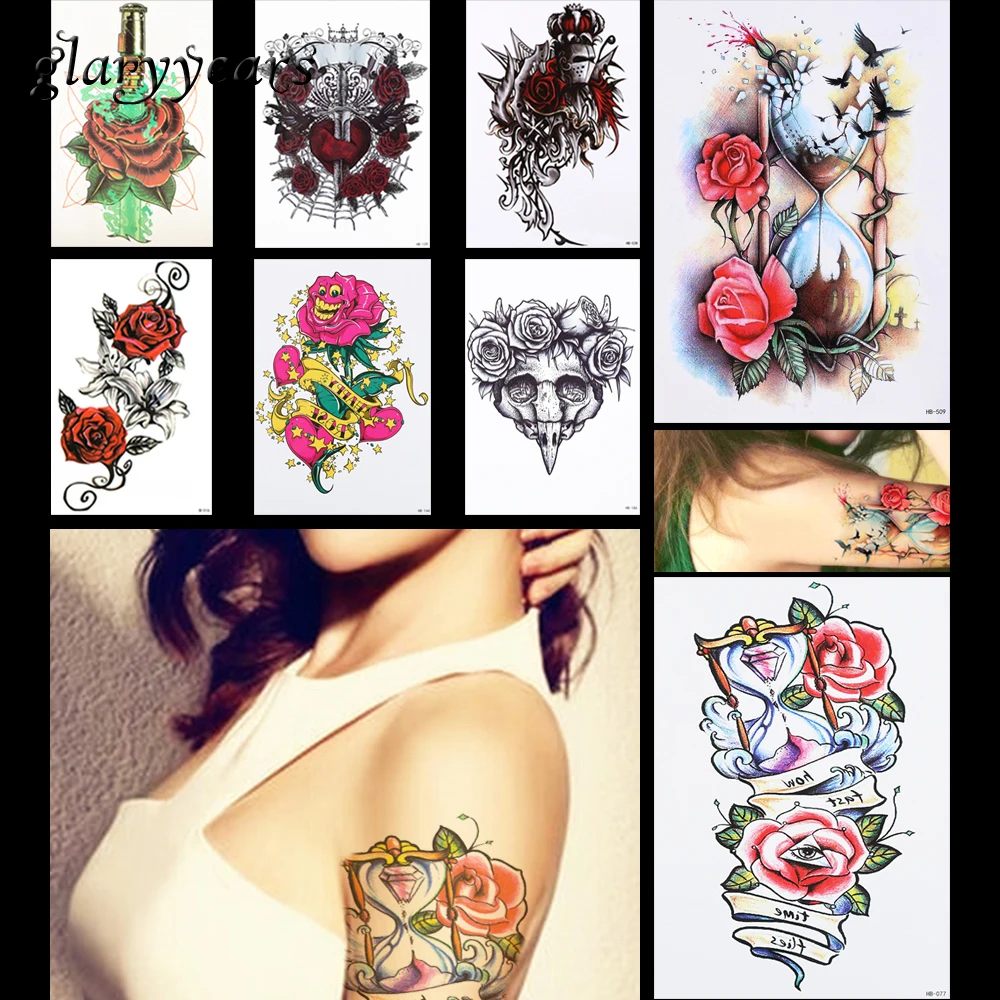 

8 Pieces Rose Flower Pattern Design Tattoo Sticker Sand Clock Heart Temporary Leg Body Art Tattoo Sticker Sexy DIY Product HB#40