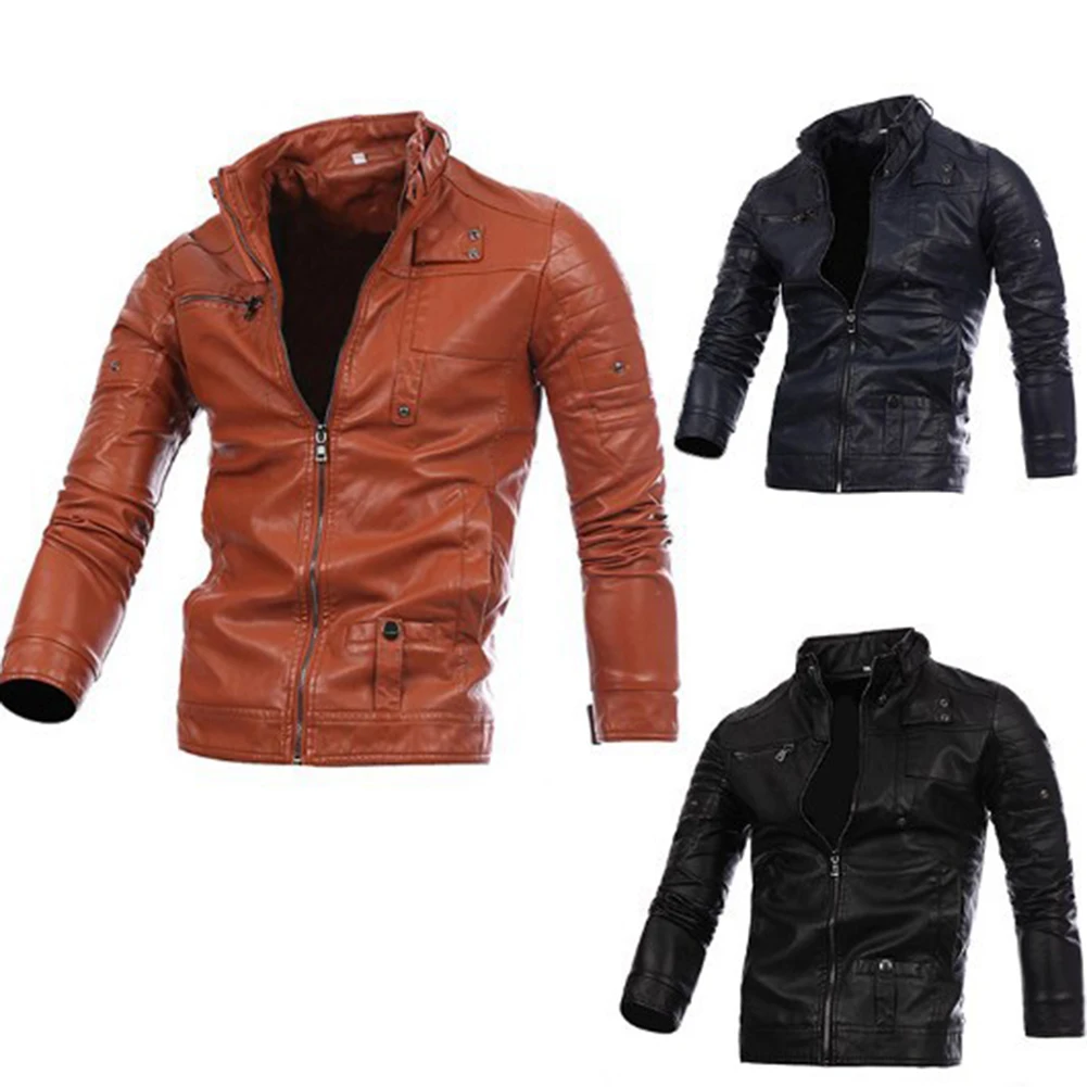 Мужская крутая куртка с несколькими карманами, тонкая куртка на молнии, байкерская куртка из искусственной кожи