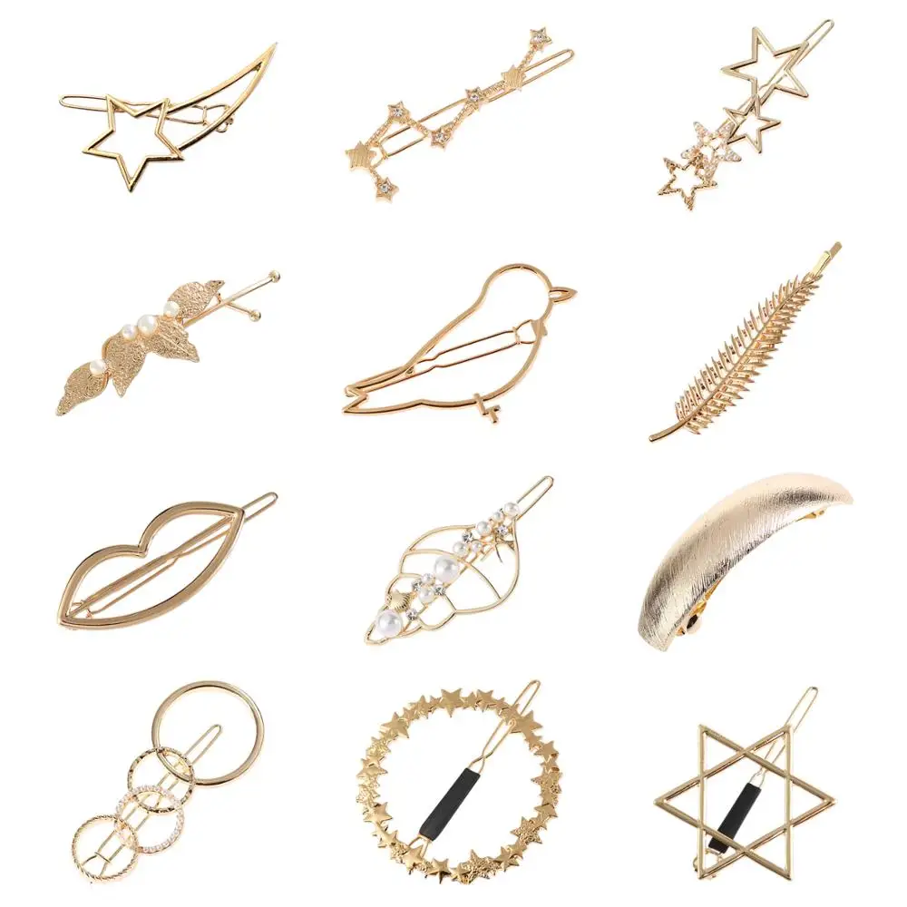 

12 Pack Trendy Gold Vintage Retro Geometric Minimalist Metal Hair Clip Snap Barrette Claw Bobby Pins Alligator Pearl Hairclip