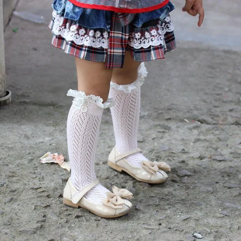 Детская штанины отверстие Кружево Чулки для женщин хлопок Обувь для девочек Теплый ноги рукав милые дышащие Гольфы с волнистым рисунком и пуговицы Носки для девочек