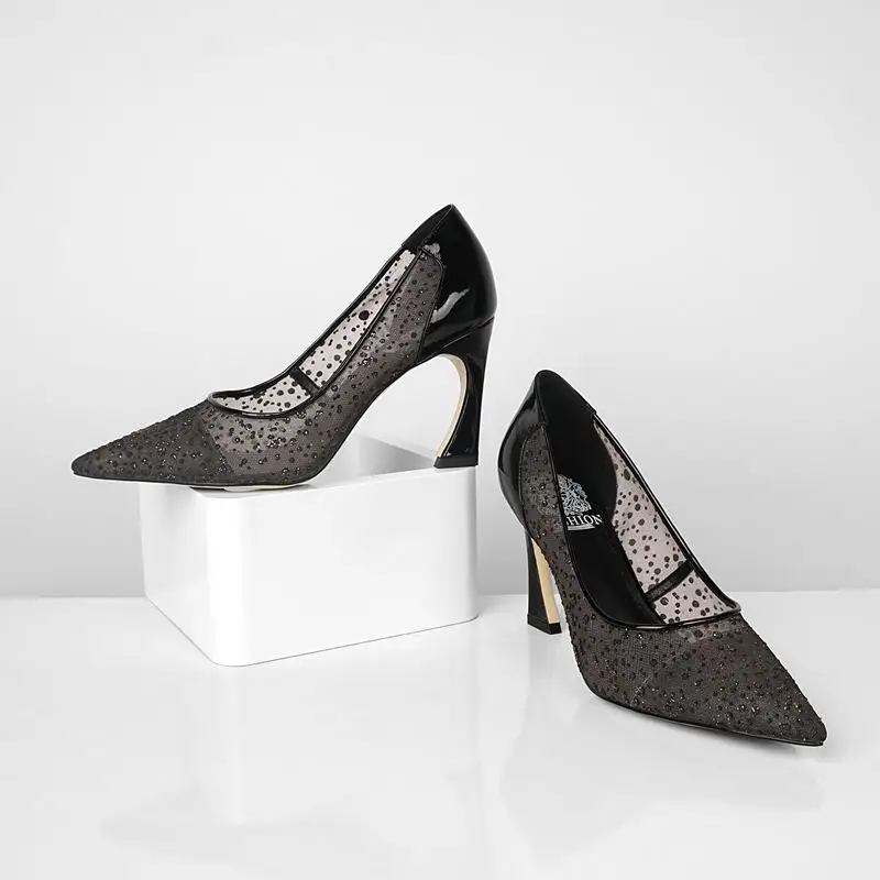 YINKOGET/пикантная женская свадебная обувь из натуральной кожи и кружева на высоком каблуке, модная женская обувь для вечерние с блестками, Женская офисная обувь на каблуке