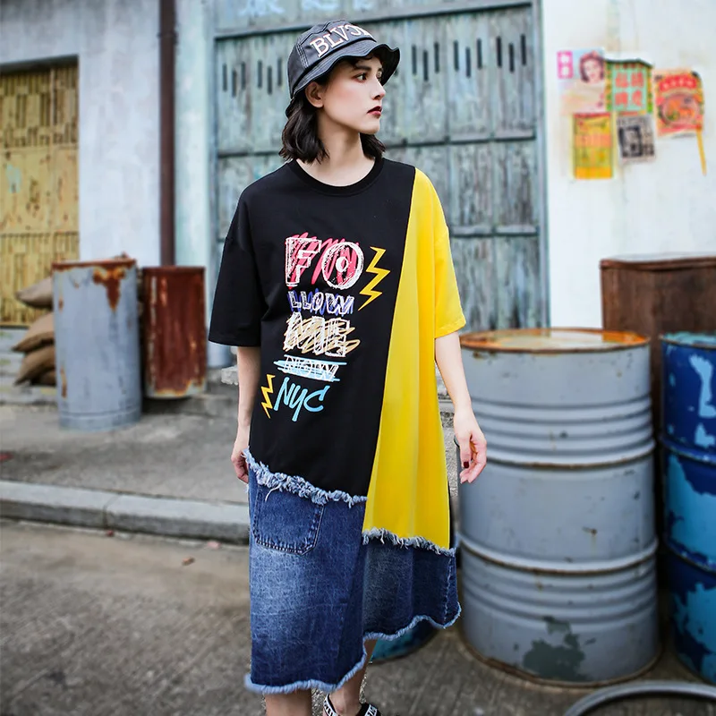

Women Summer Half Sleeve Harajuku Denim Spliced Loose Casual Long T Shirt Dress Female Hip Hop Streetwear Punk Boyfriend Dresses