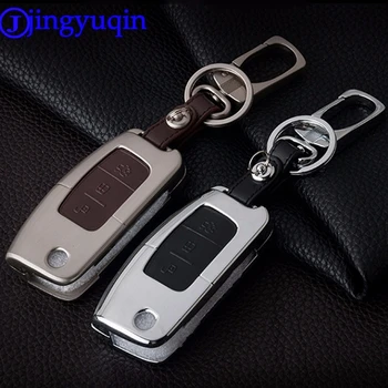 

jingyuqin Remote 3 Buttons Zinc Alloy+Leather Key Cover Case For Ford Focus Fiesta C Max Ka Keychain Ring