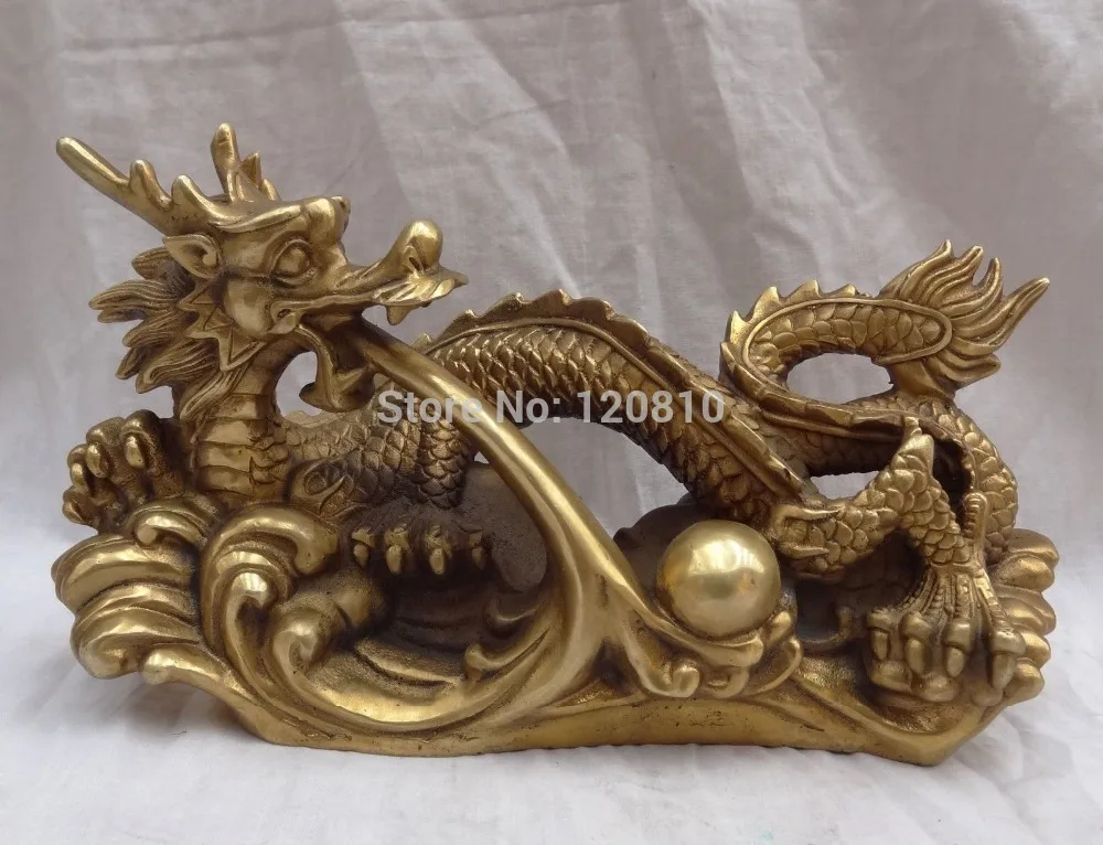 

12" China Zodiac Pure Brass Statue Myth Fly Dragon XiZhu Ball China Sculpture