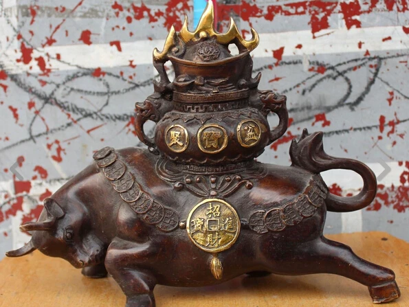 

6617+++ 10" Chinese Bronze Zodiac Year Bull Ox Cattle treasure bowl Money Statue
