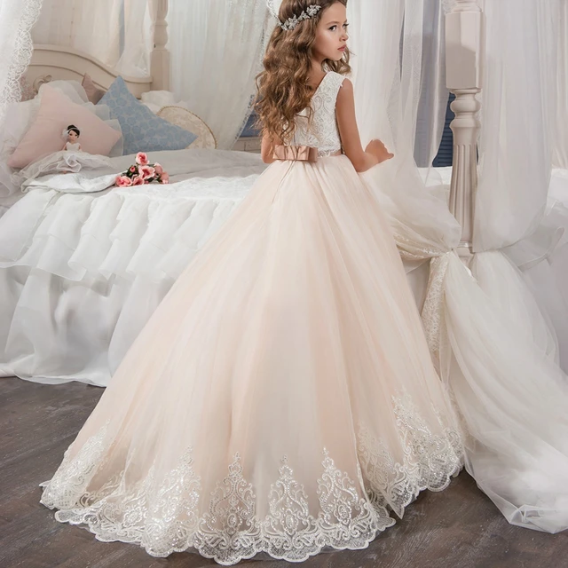 Fancy Champagne Flower Girl Dress Long Sequin Girls Dresses Tulle